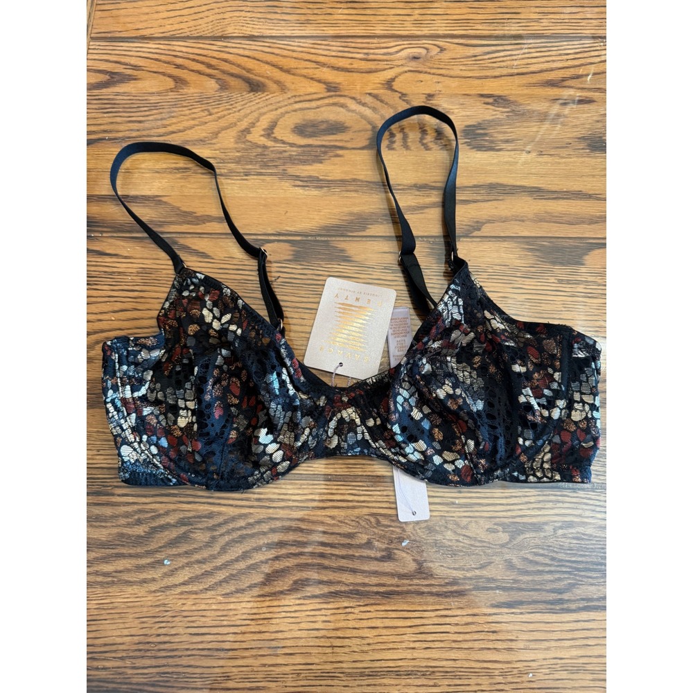 Savage X Fenty Lace Bra Womens 36D Black Gold Floral Underwire NWT